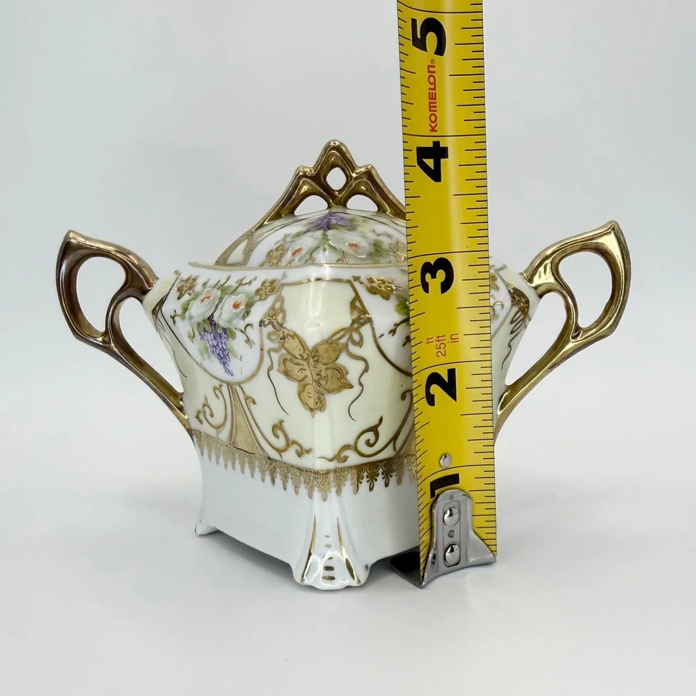 Vintage Silesia Porcelain Sugar Bowl with Lid Gold Gilt Floral Design‎ Coquette